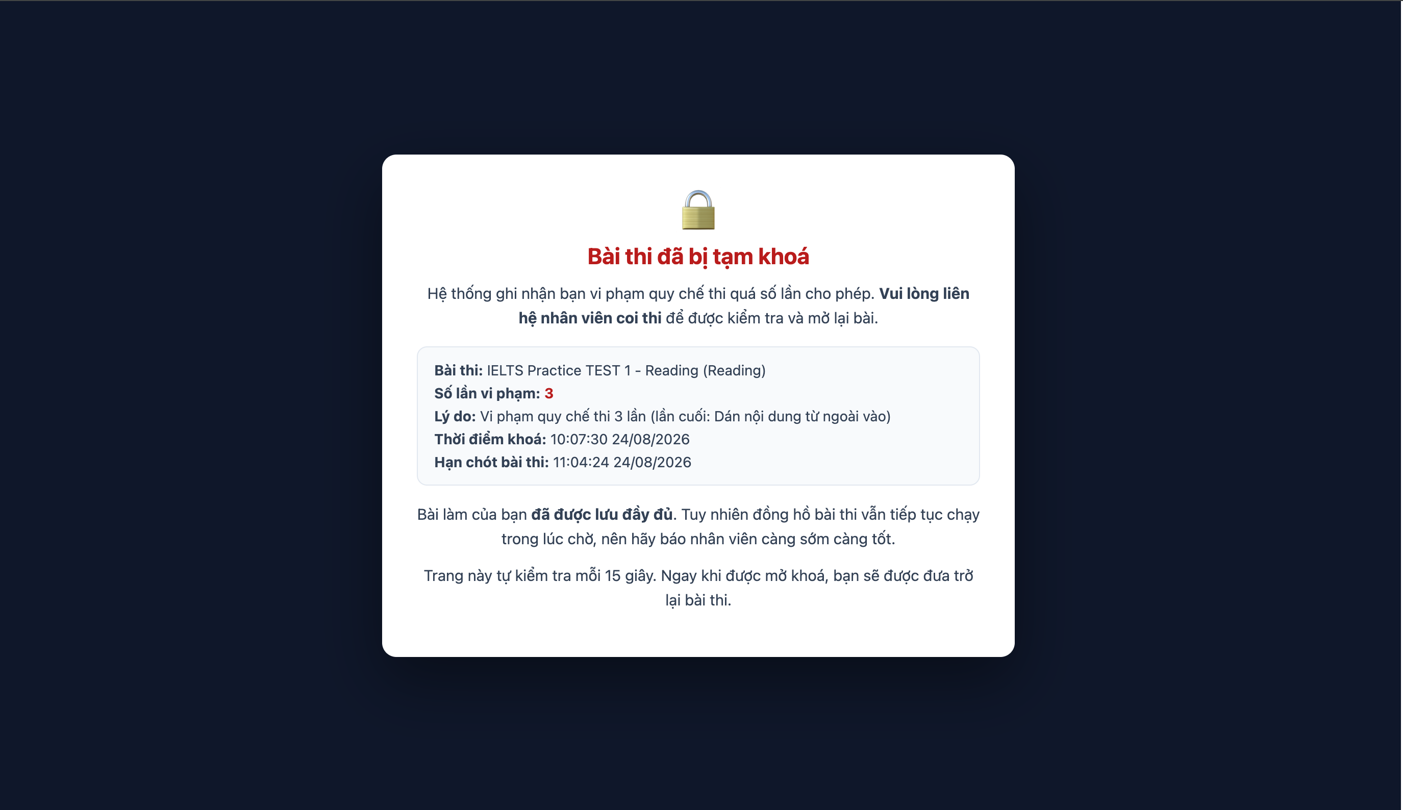Chống gian lận · Tạm khoá bài — hệ thống luyện thi IELTS WISE English