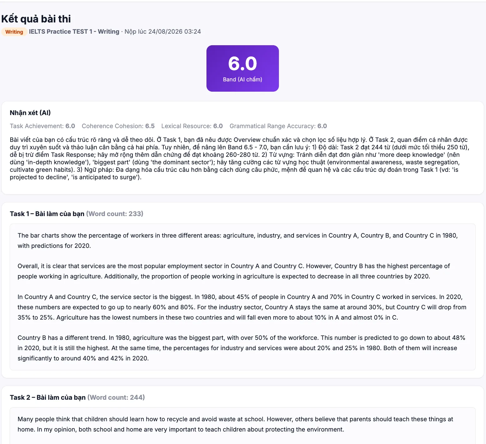 Kết quả AI · Writing — hệ thống luyện thi IELTS WISE English